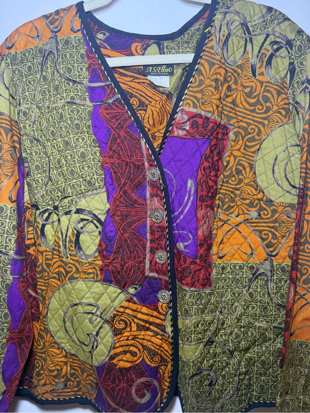 A.S. Elliot Quilted Cotton Abstract Whimsy Multicolor V-Neck Button Fall Jacket - Picture 2 of 7